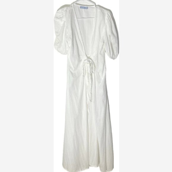 Antonio Melani Eyelet Dress Swim Cover-Up White Maxi Front Knot 1 Size Puffy Slv - Picture 2 of 5